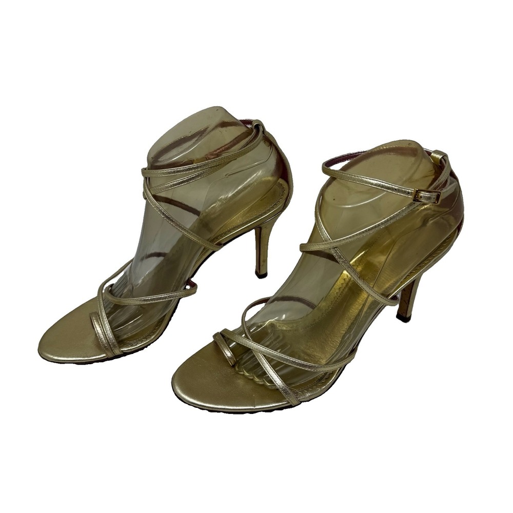 Antonio Melani Gold Sandals Heels 10 Thin Strappy Leather Crossover Ankle Strap